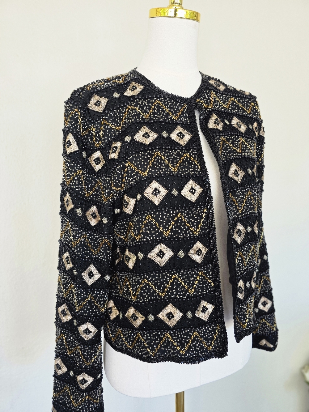 Papell Boutique Black Gold Sequin Beaded Silk Art Deco Jacket Cropped Small